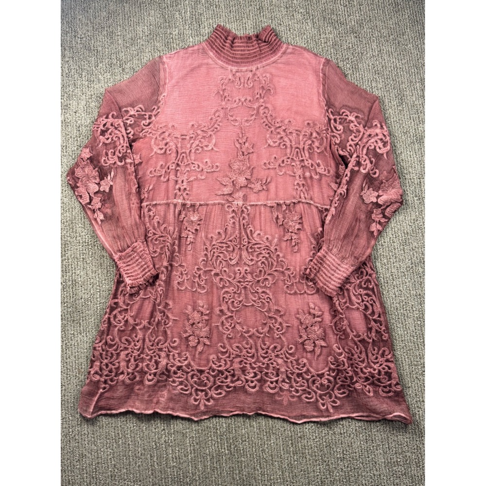 Soft Surroundings Embroidered Silk Tunic Womens M Smocked Neck Dusty Rose